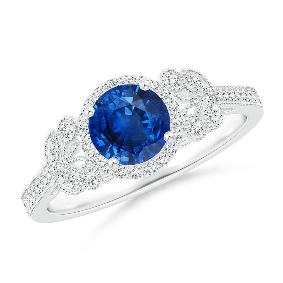 Aeon Vintage Style Sapphire Halo Leaf & Vine Engagement Ring with Milgrain