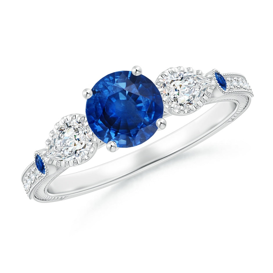 Aeon Vintage Style Sapphire and Diamond Three Stone Engagement Ring with Milgrain