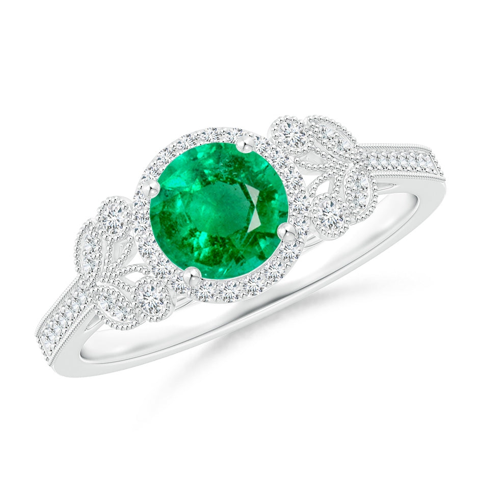 Aeon Vintage Style Emerald Halo Leaf & Vine Engagement Ring with Milgrain