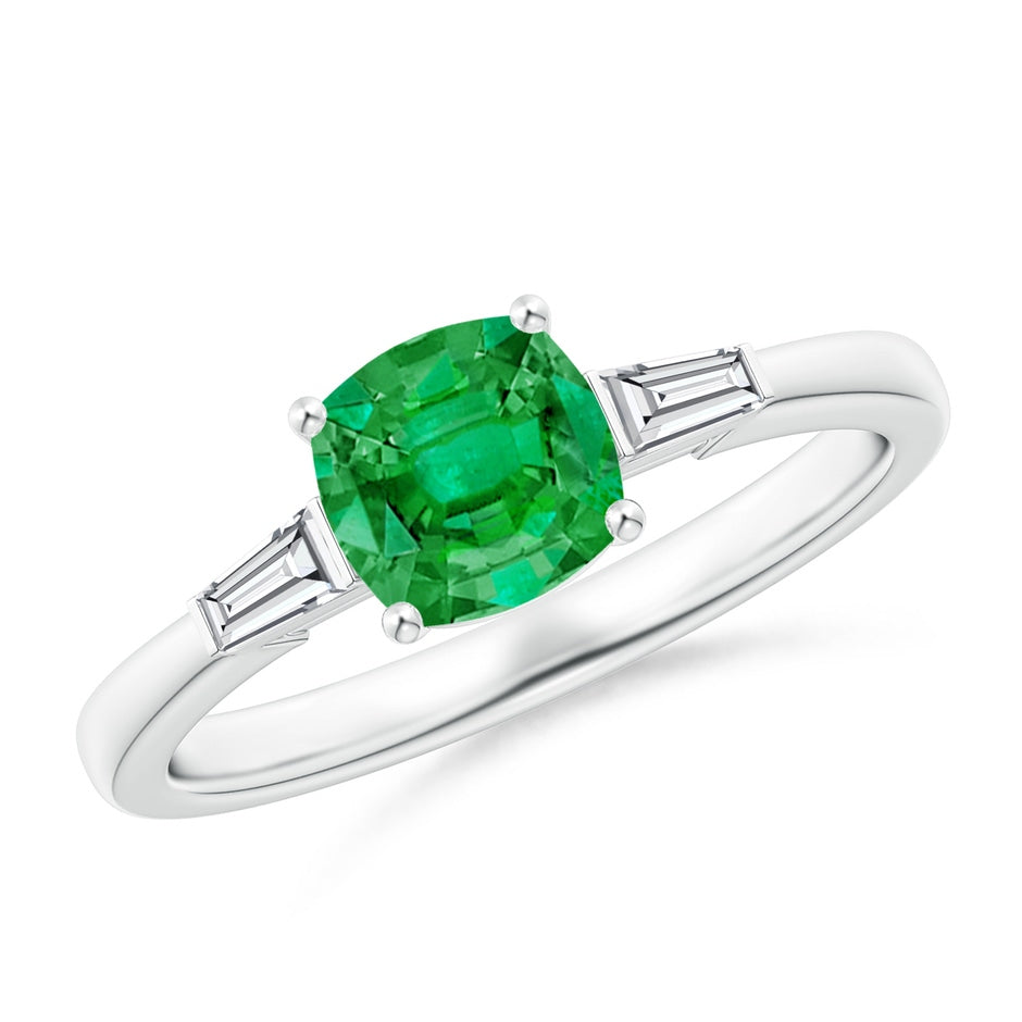 Cushion Emerald Engagement Ring with Bar-Set Tapered Baguette Diamonds