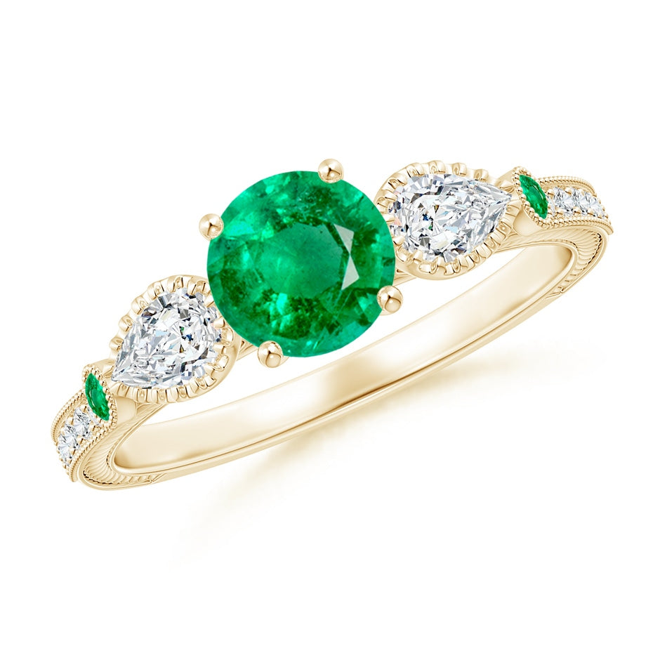 Aeon Vintage Style Emerald and Diamond Three Stone Engagement Ring with Milgrain