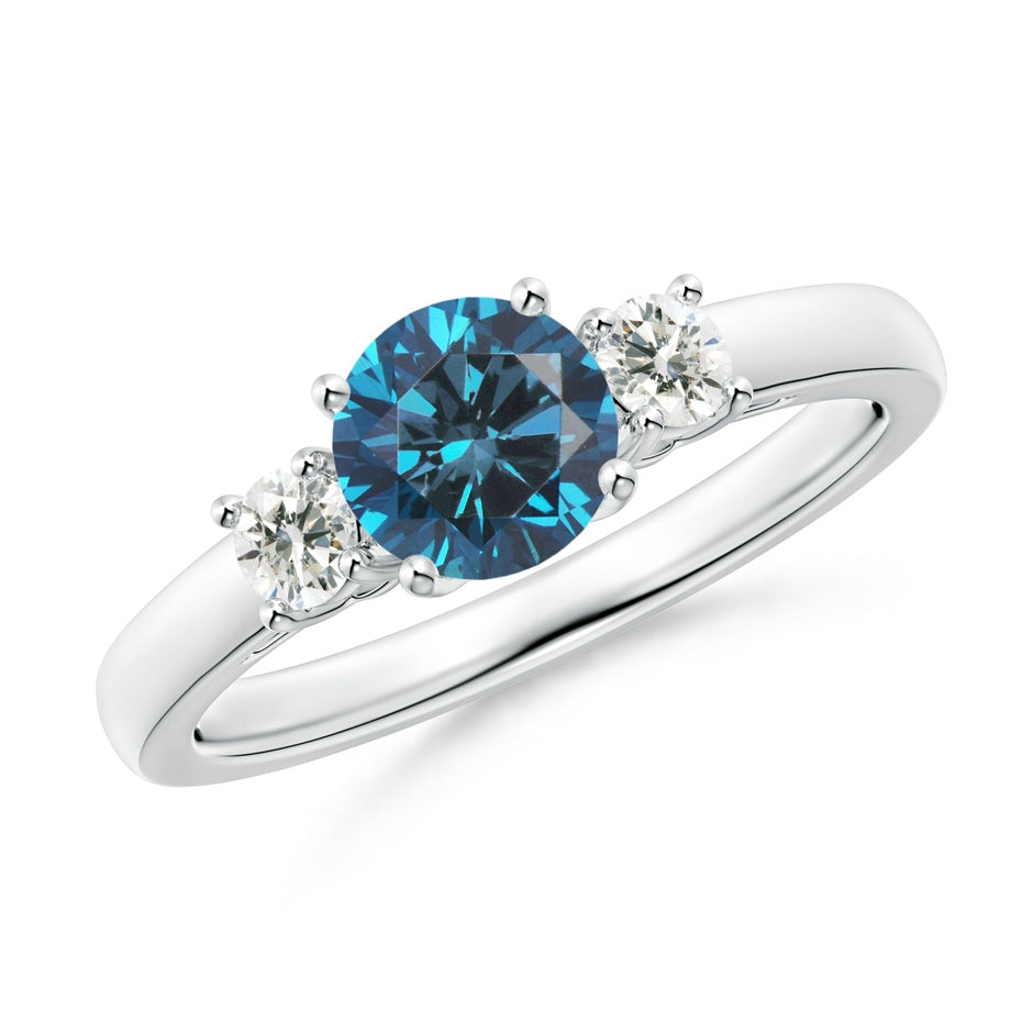 Prong-Set Round Enhanced Blue and White Diamond Three Stone Engagement Ring