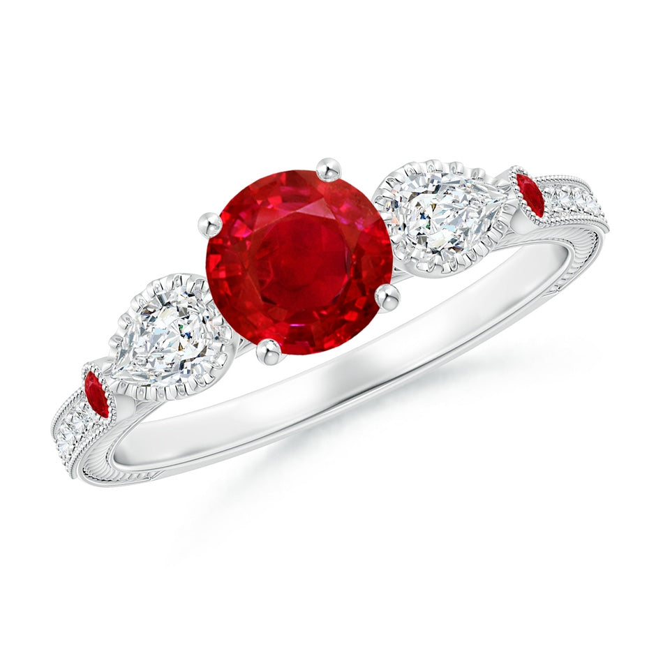 Aeon Vintage Style Ruby and Diamond Three Stone Engagement Ring with Milgrain