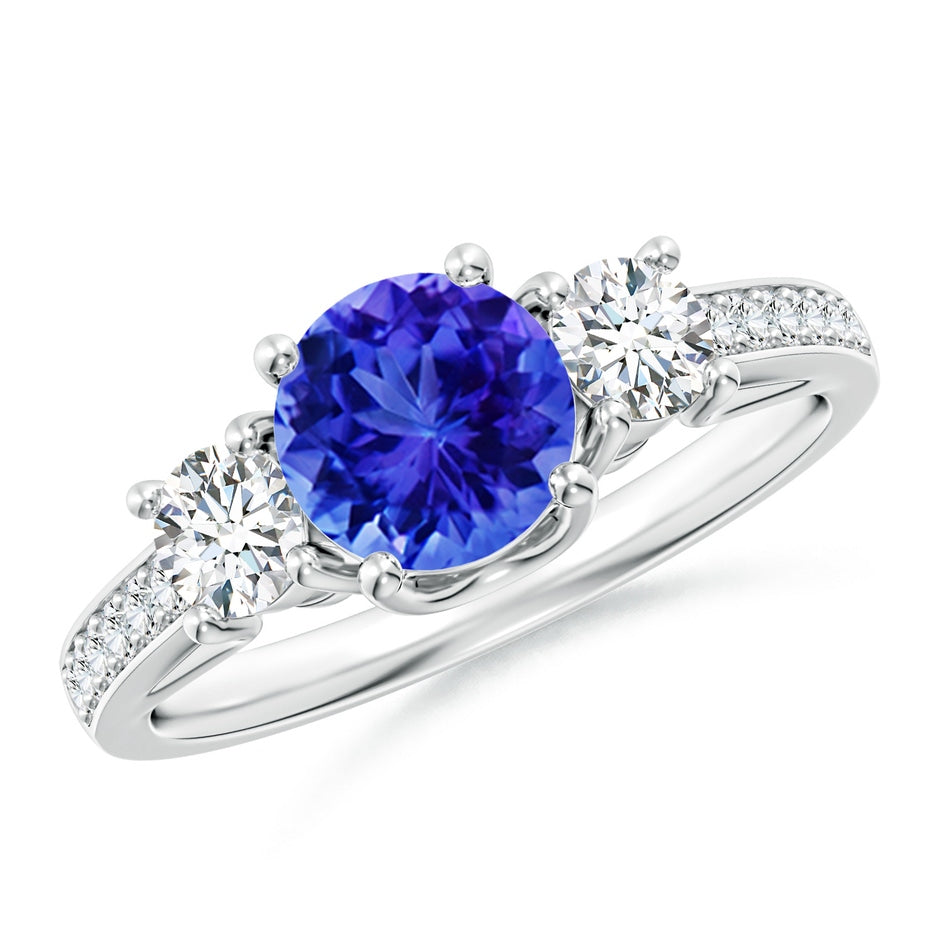 Classic Prong Set Round Tanzanite and Diamond Three Stone Engagement Ring