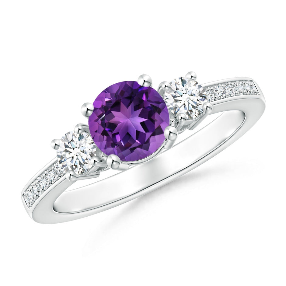 Classic Three Stone Round Amethyst and Diamond Engagement Ring