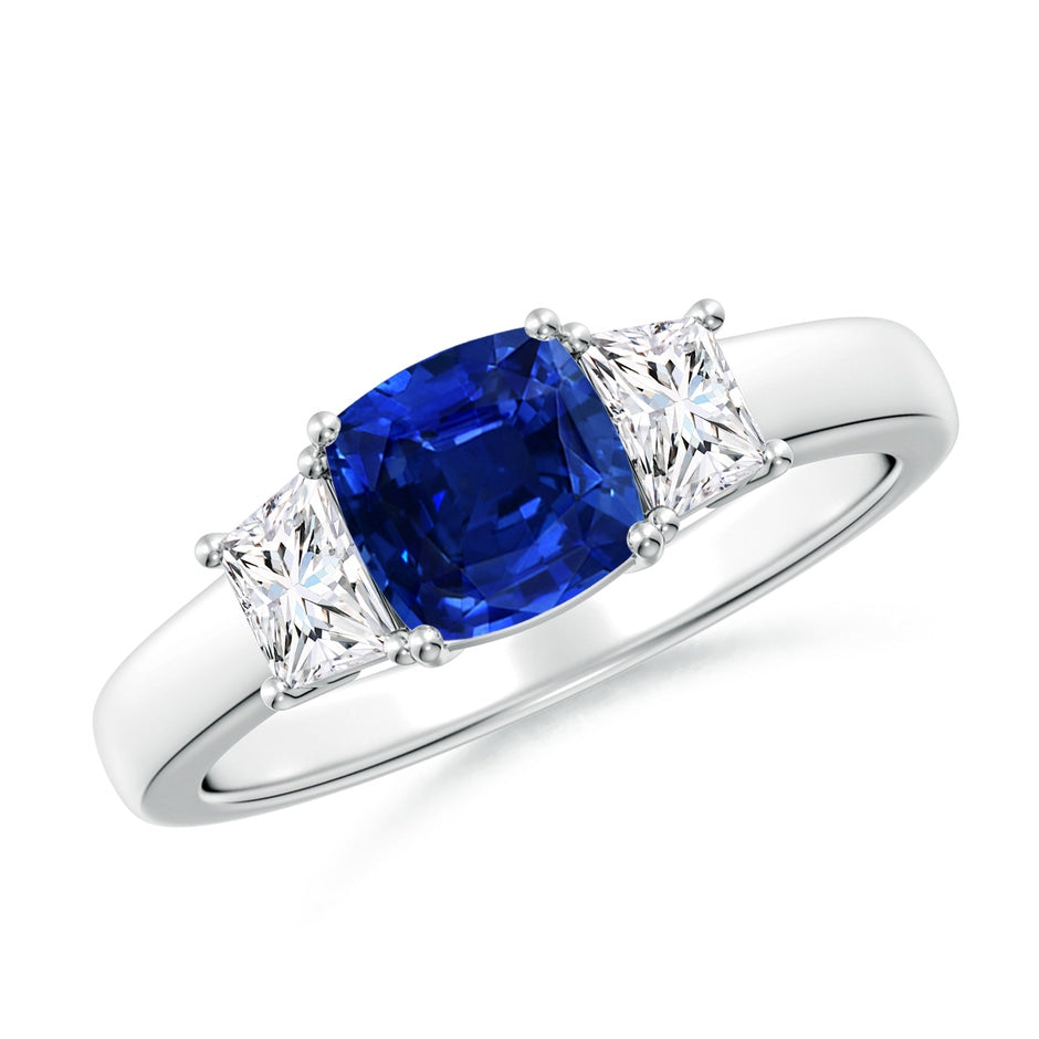 Classic Cushion Lab-Grown Blue Sapphire and Trapezoid Diamond Three Stone Engagement Ring