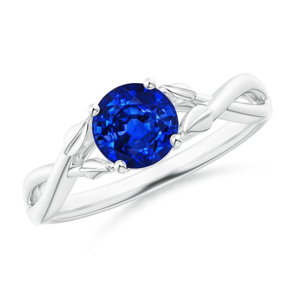 Nature Inspired Blue Sapphire Crossover Engagement Ring with Leaf Motifs
