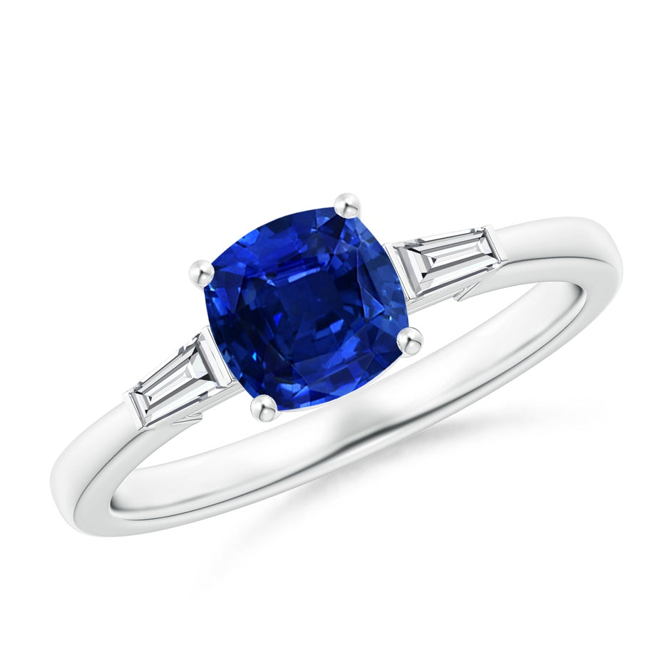 Cushion Sapphire Ring with Bar-Set Tapered Baguette Diamonds