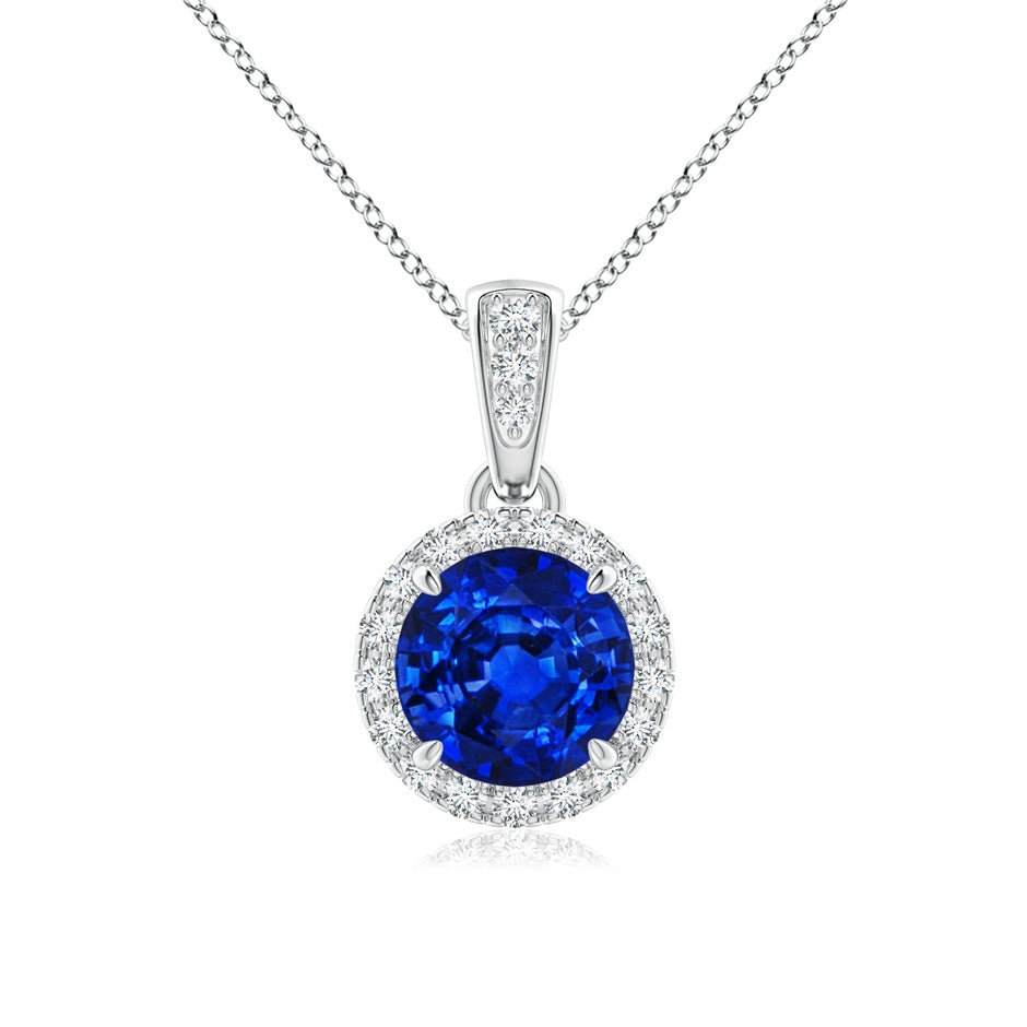 Lab-Grown Claw-Set Round Sapphire Pendant with Diamond Halo