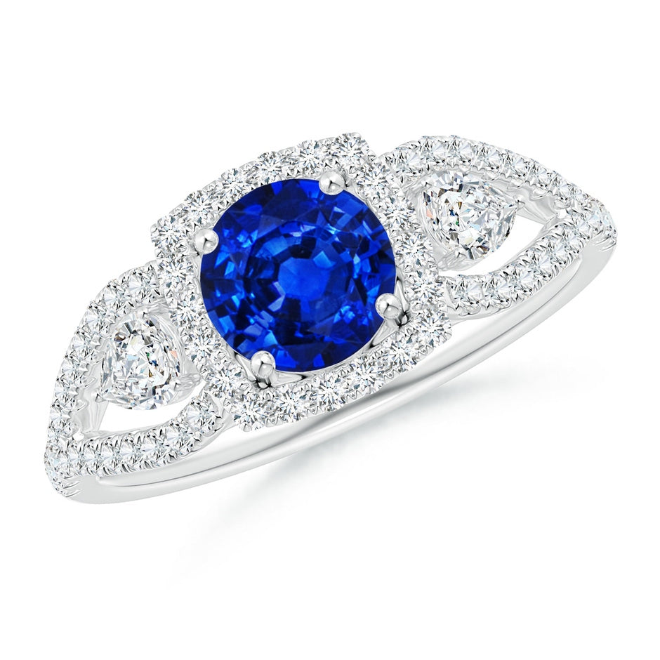 Lab-Grown Aeon Vintage Inspired Three Stone Sapphire and Diamond Halo Engagement Ring