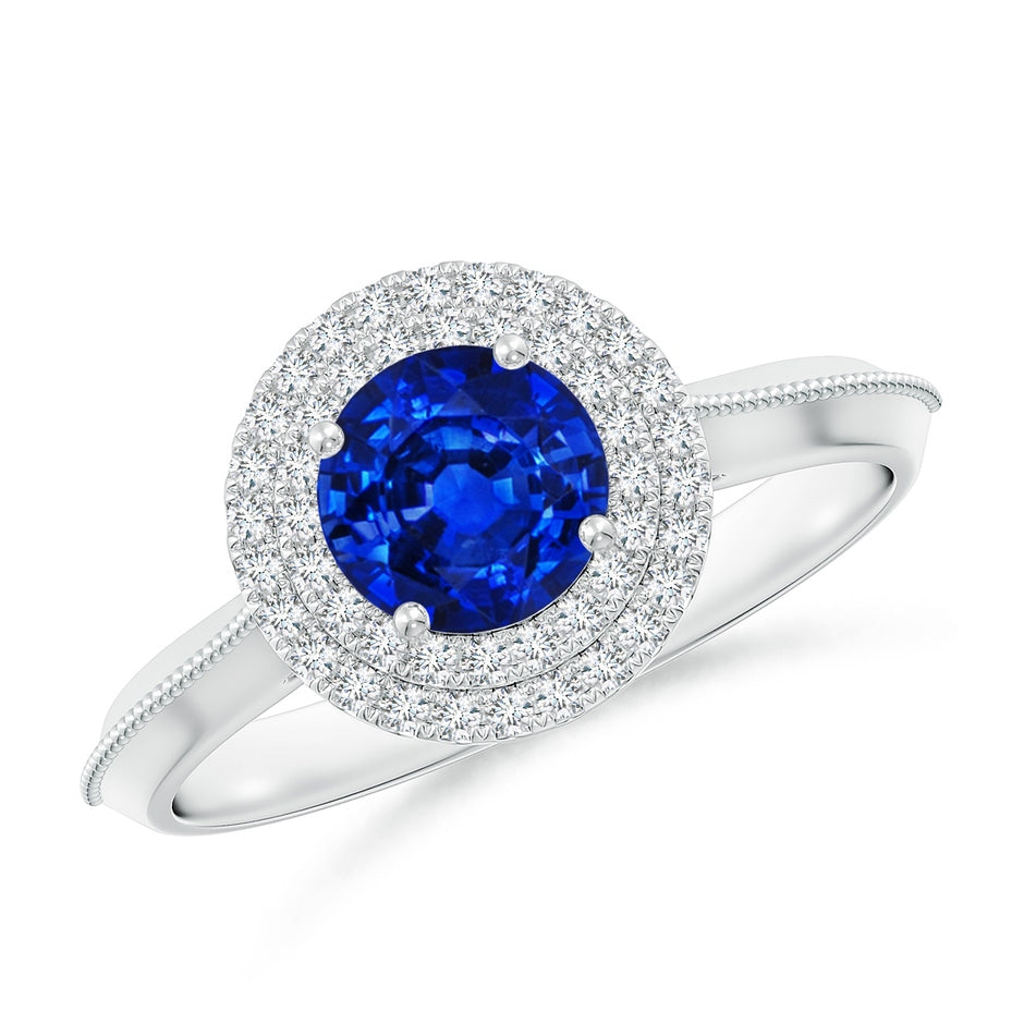 Lab-Grown Vintage Inspired Round Blue Sapphire Double Halo Engagement Ring