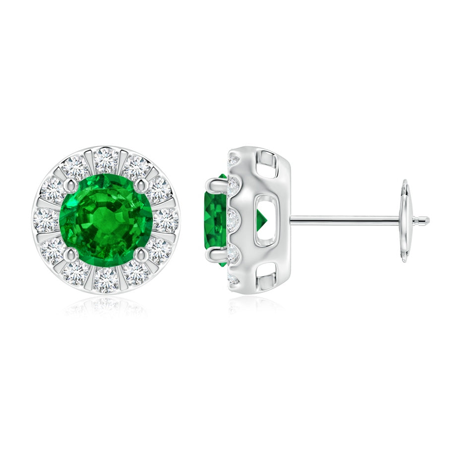 Emerald Stud Earrings with Bar-Set Diamond Halo