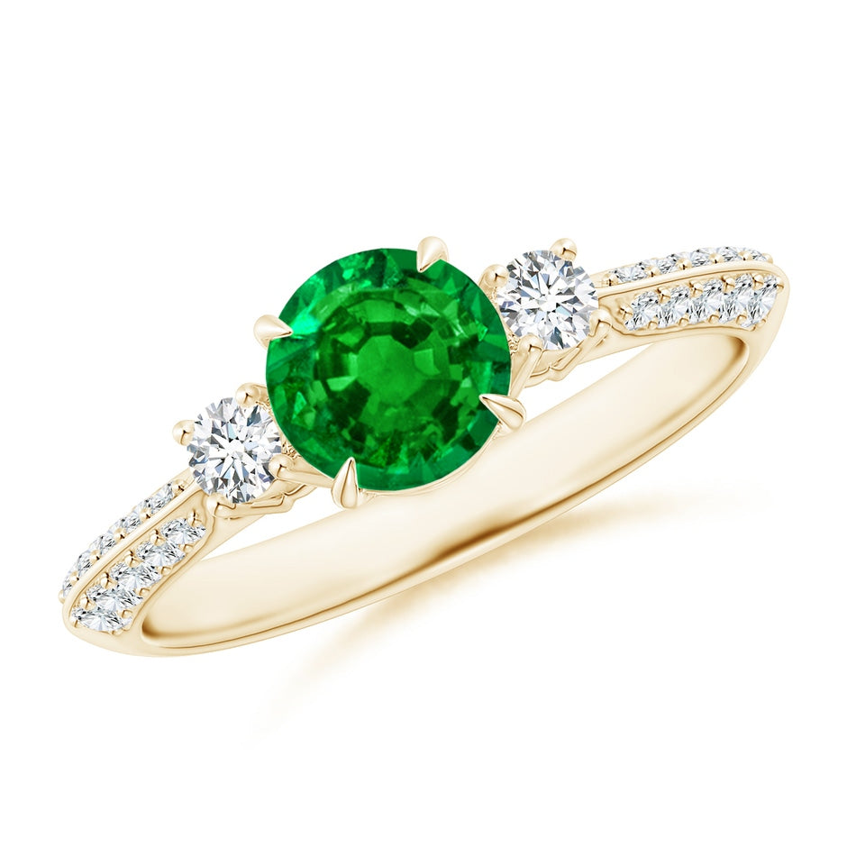 Lab-Grown Three Stone Emerald and Diamond Knife-Edge Shank Ring