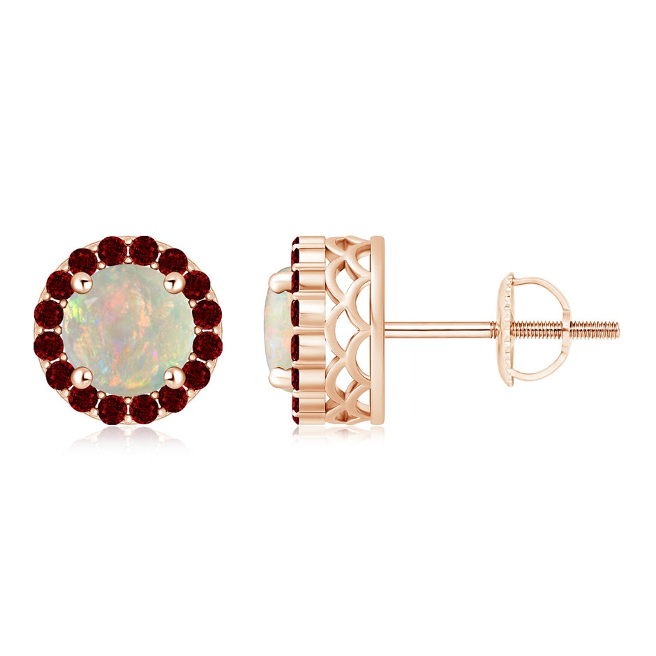 Round Opal and Ruby Halo Stud Earrings