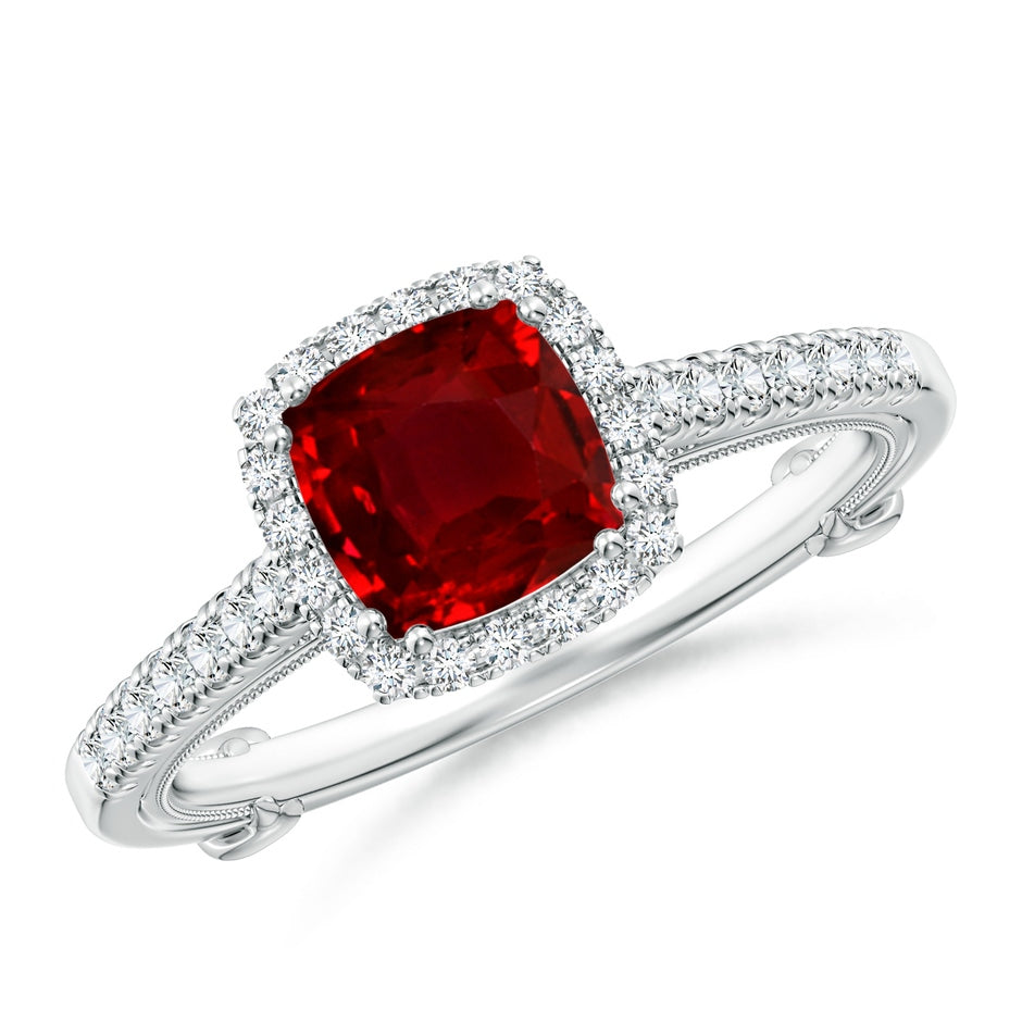Lab-Grown Vintage Inspired Ruby & Diamond Halo Ring with Filigree