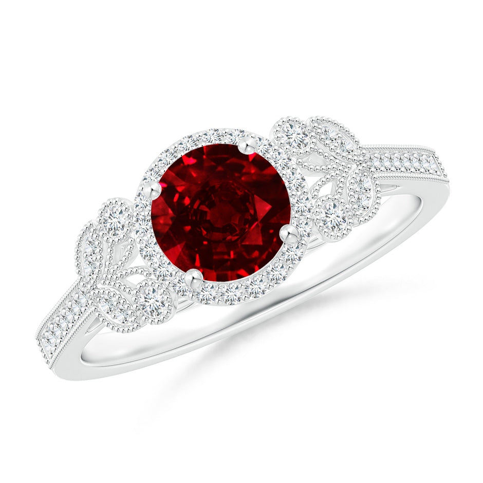 Lab-Grown Aeon Vintage Style Ruby Halo Leaf & Vine Engagement Ring with Milgrain