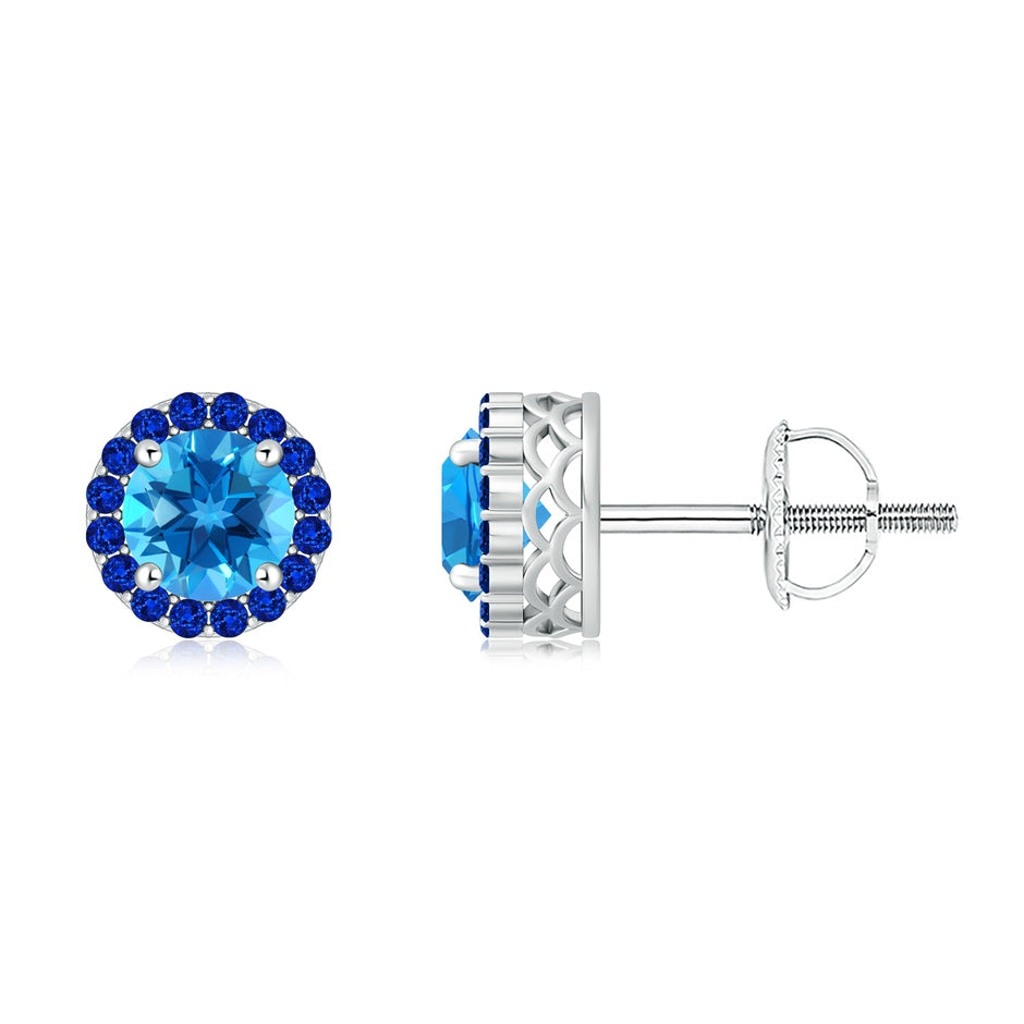 Round Swiss Blue Topaz and Sapphire Halo Stud Earrings