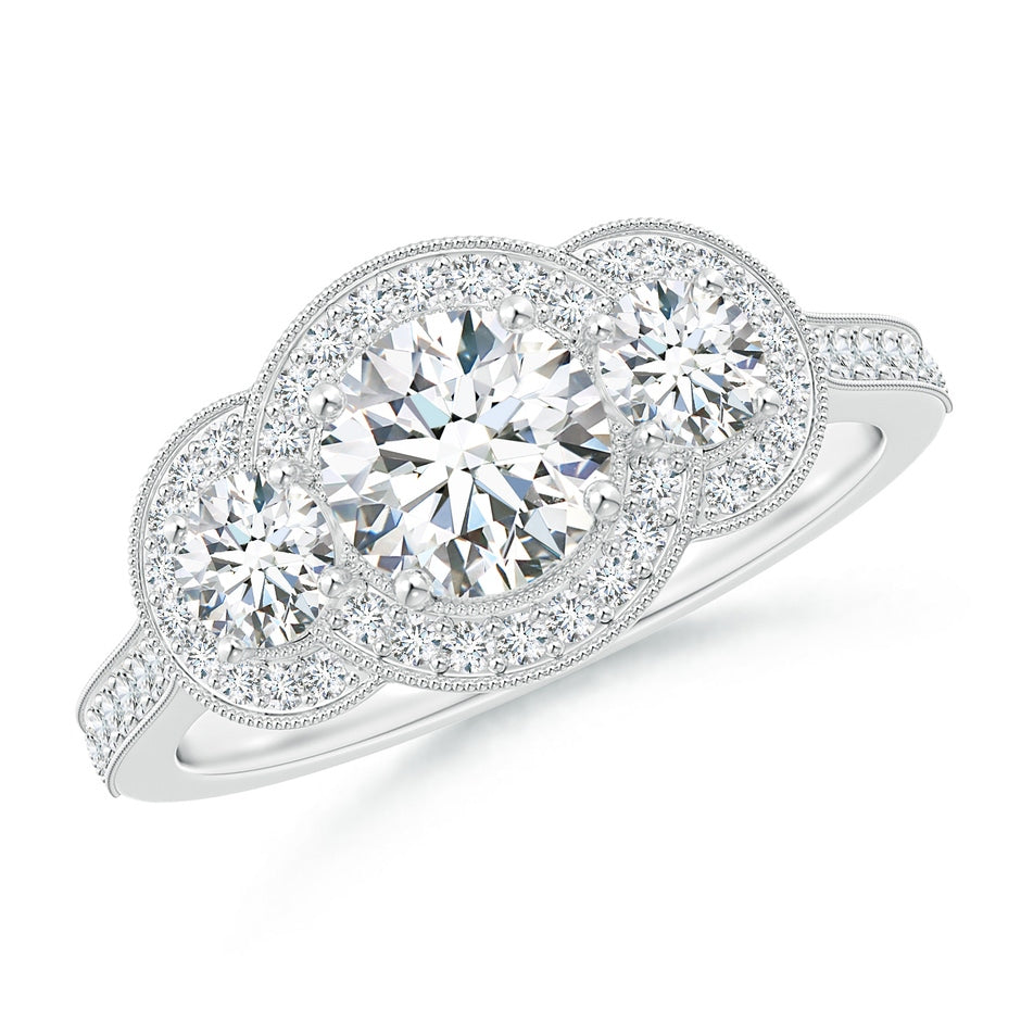 Lab-Grown Aeon Vintage Inspired Diamond Halo Three Stone Engagement Ring with Milgrain