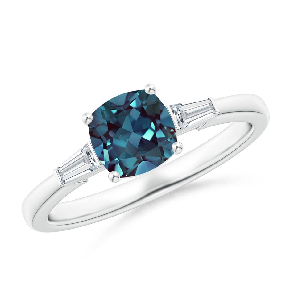 Cushion Lab-Grown Alexandrite Ring with Bar-Set Tapered Baguette Diamonds