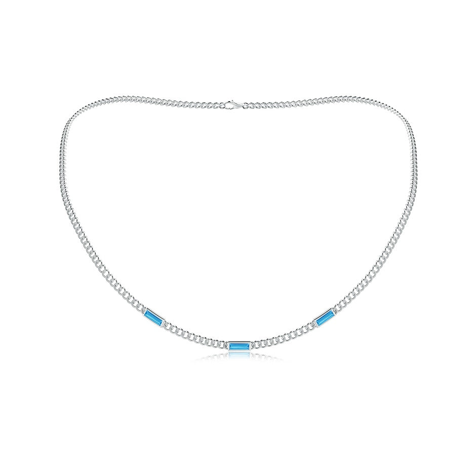 Bezel-Set Baguette Swiss Blue Topaz Three Stone Curb Link Chain Necklace