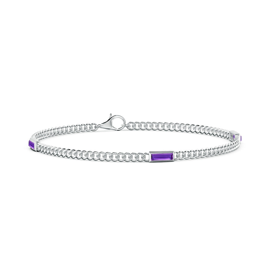 Bezel-Set Baguette Amethyst Three Stone Curb Link Chain Bracelet