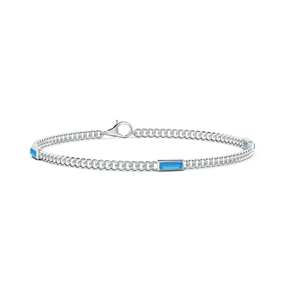 Bezel-Set Baguette Swiss Blue Topaz Three Stone Curb Link Chain Bracelet