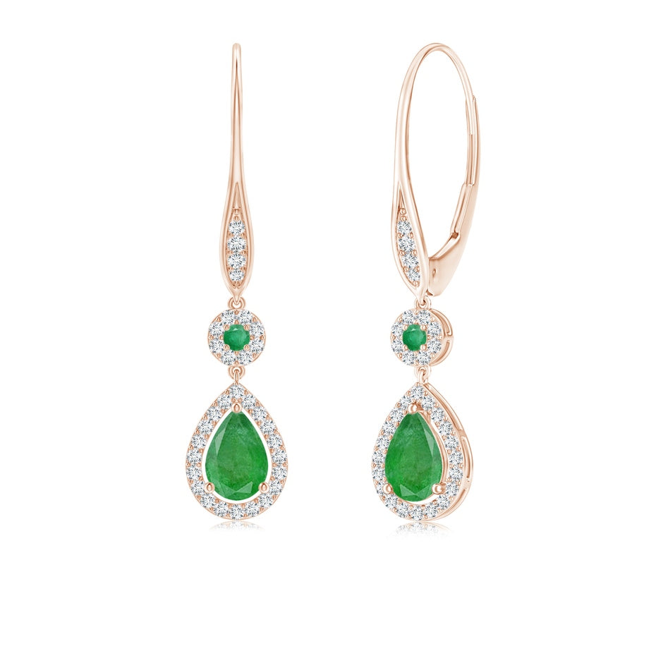 Round and Pear Emerald Halo Leverback Earrings