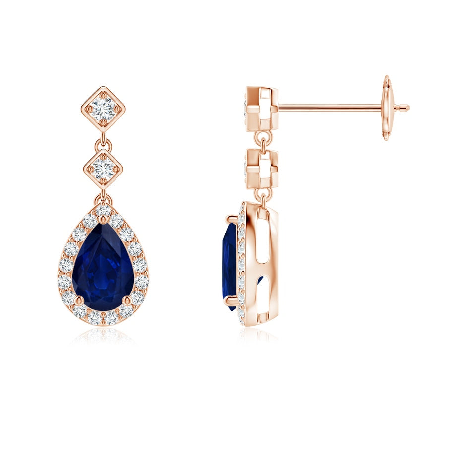 Pear Blue Sapphire Drop Earrings with Diamond Halo