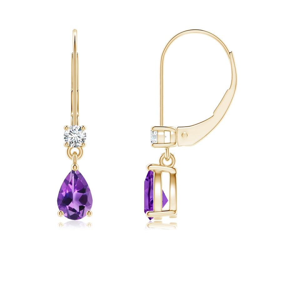 Pear Amethyst Leverback Drop Earrings with Diamond