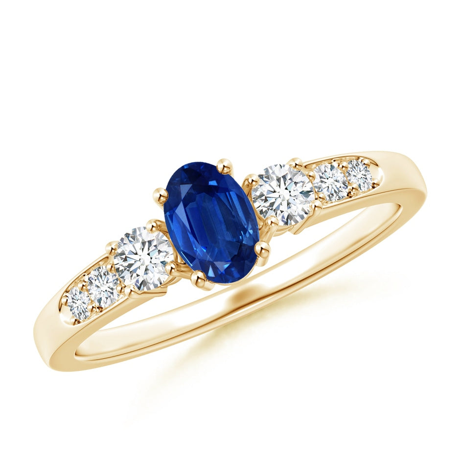Three Stone Blue Sapphire and Diamond Engagement Ring with Accents