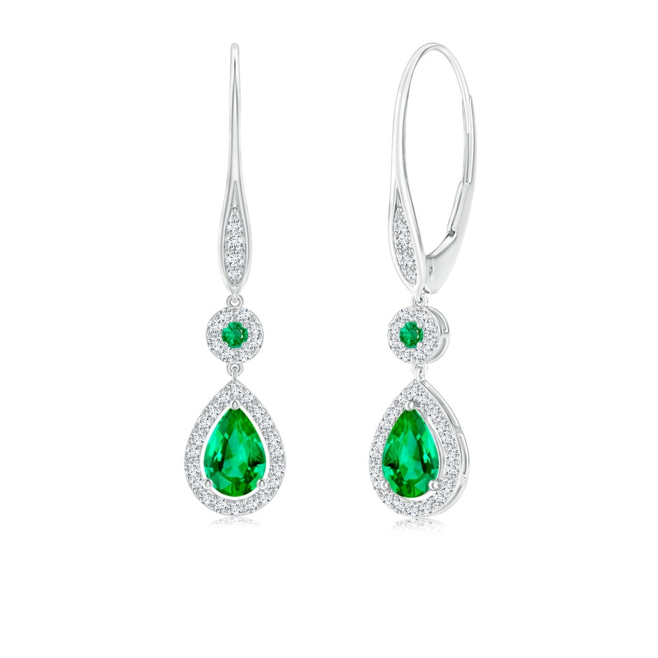Round and Pear Emerald Halo Leverback Earrings
