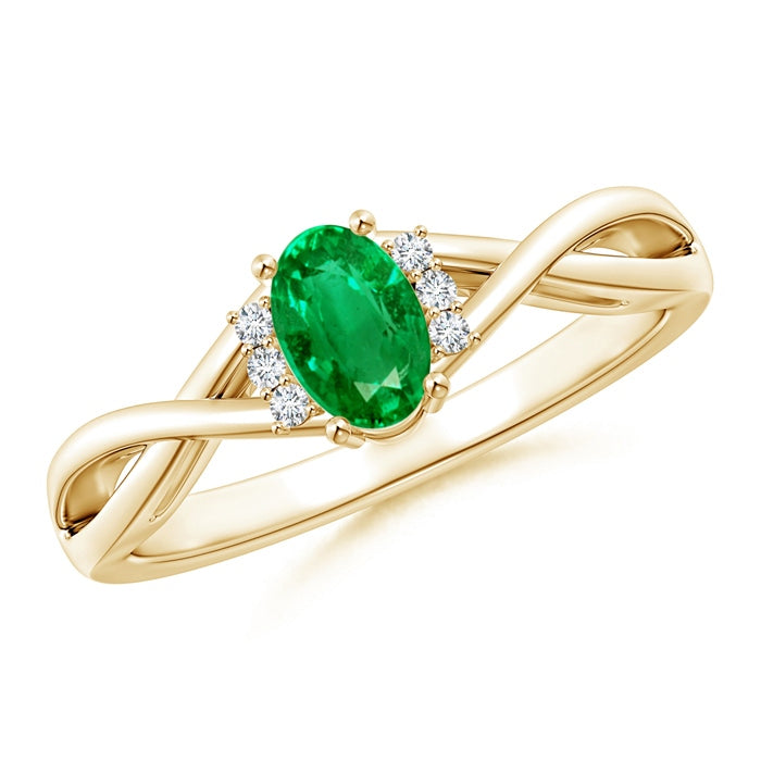 Oval Emerald Crossover Engagement Ring with Diamond Accents