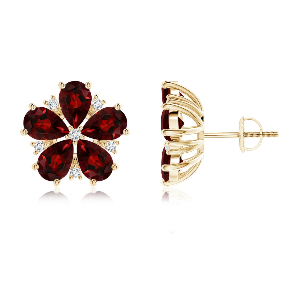 Pear-Shaped Garnet and Diamond Flower Stud Earrings