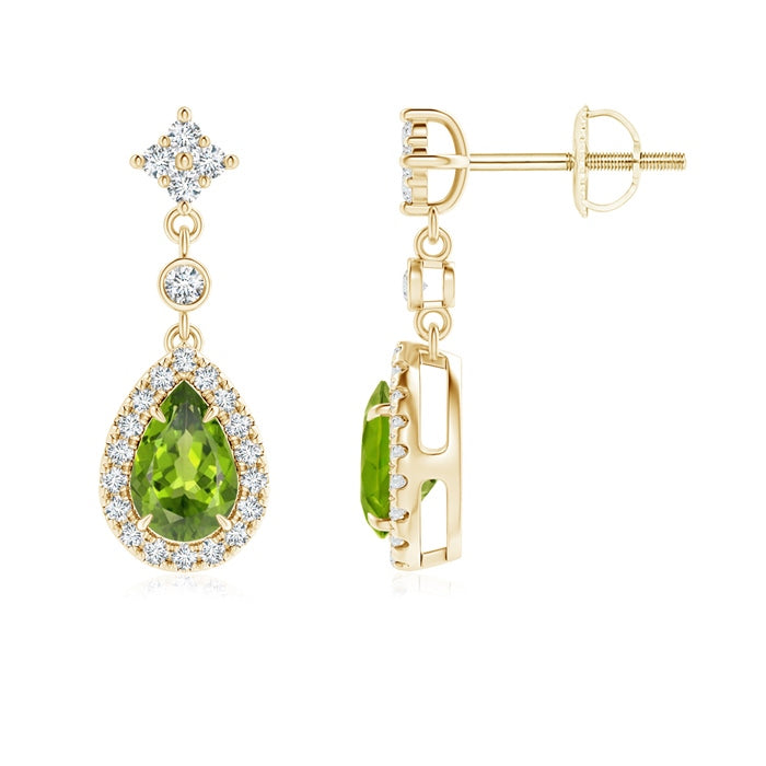 Claw-Set Pear Peridot and Diamond Halo Drop Earrings