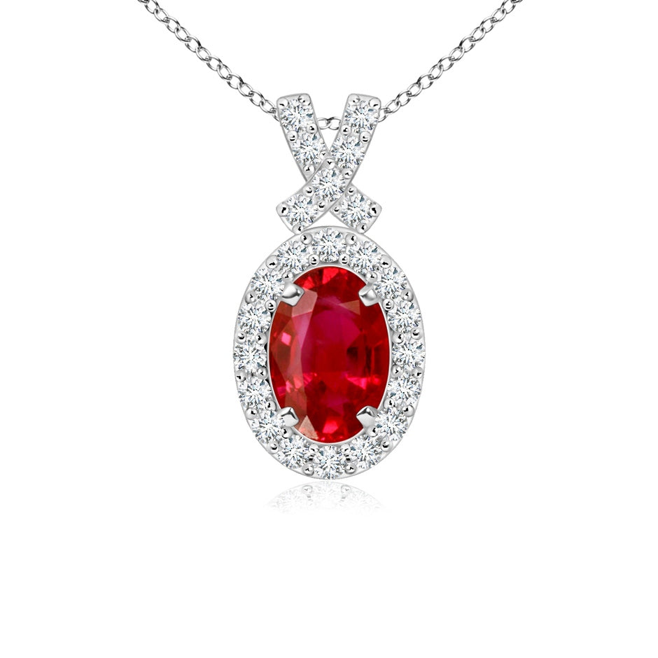 Vintage Style Ruby Pendant with Diamond Halo