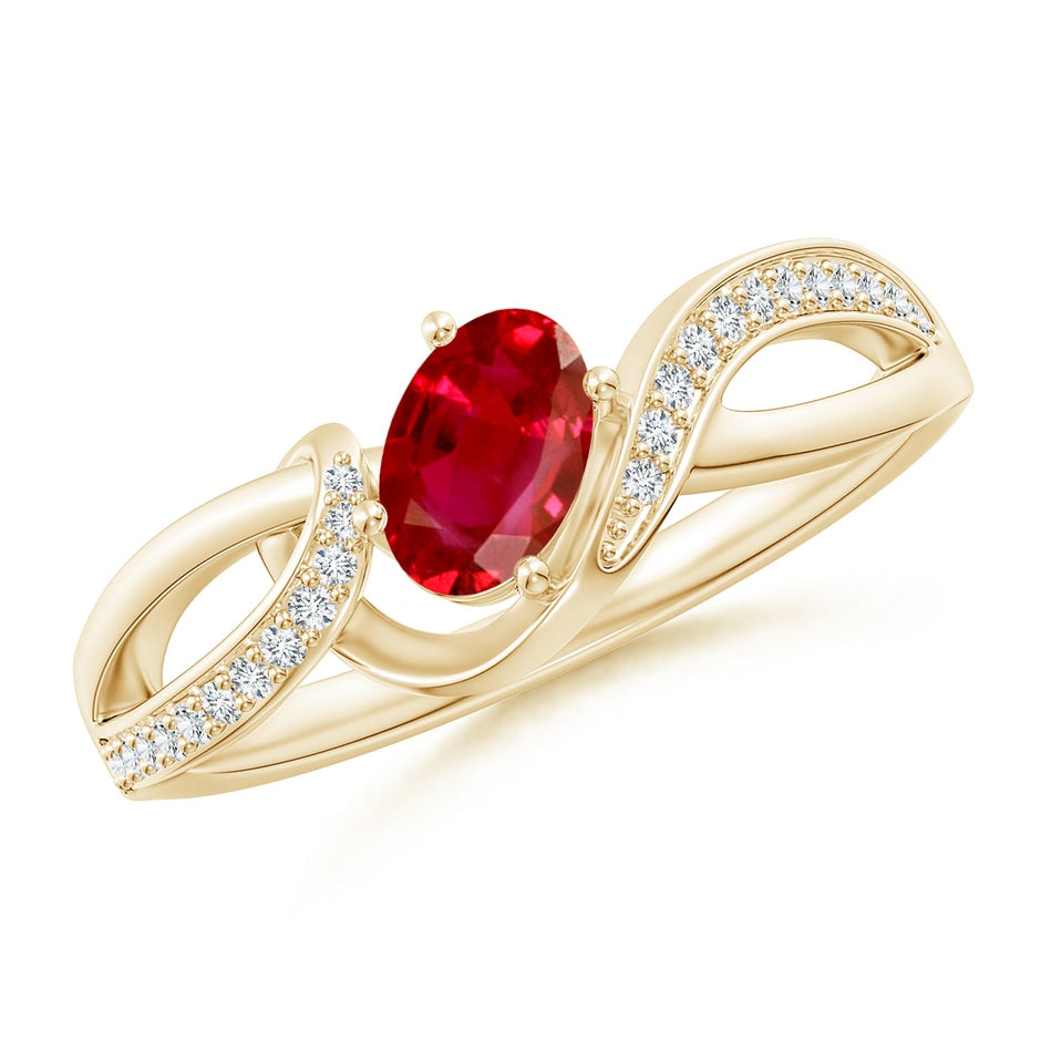 Solitaire Oval Ruby Twisted Ribbon Engagement Ring with Pav� Diamond Accents