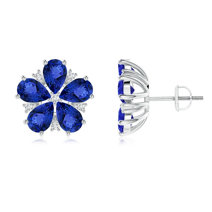 Pear-Shaped Tanzanite and Diamond Flower Stud Earrings