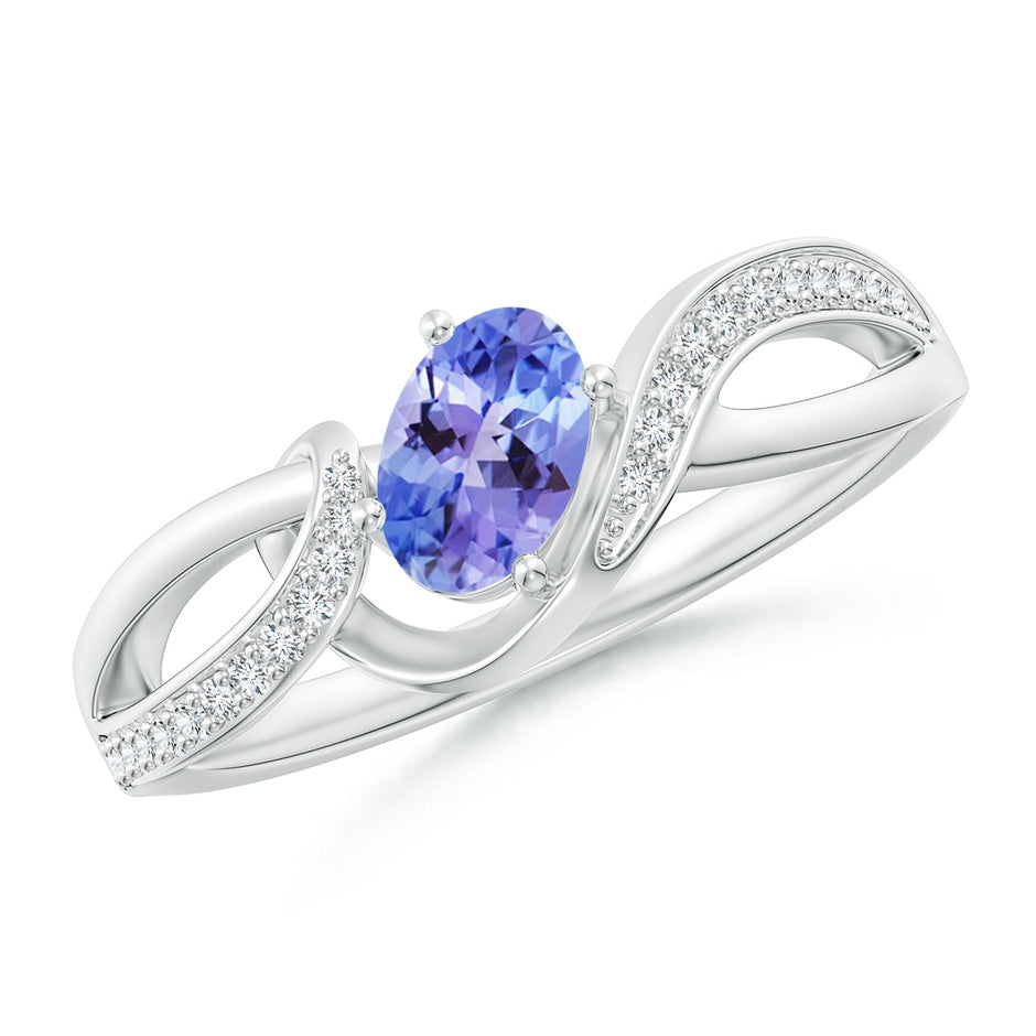 Solitaire Oval Tanzanite Twisted Ribbon Ring with Pave Diamond Accents