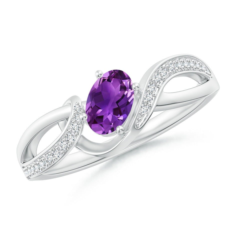 Solitaire Oval Amethyst Twisted Ribbon Ring with Pave Diamond Accents