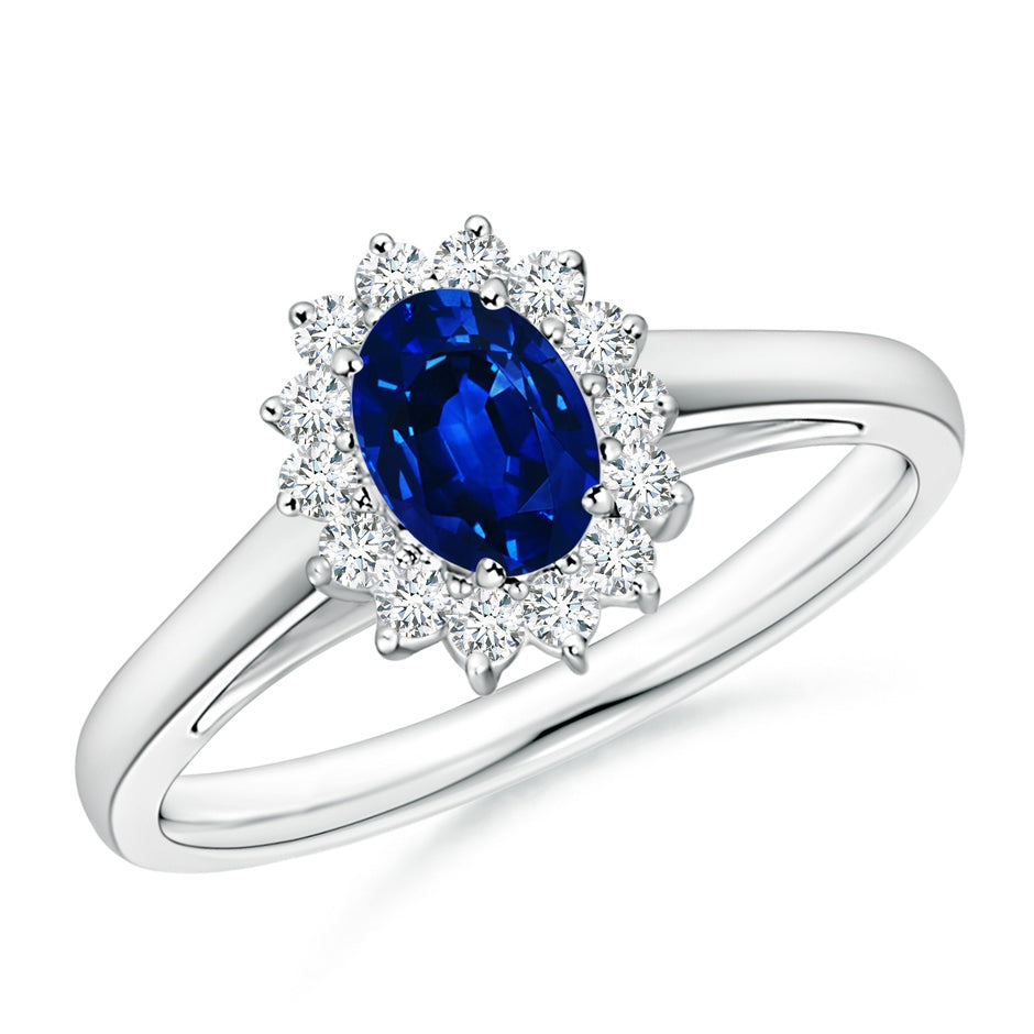 Lab-Grown Princess Diana Inspired Blue Sapphire Ring with Lab Diamond Halo