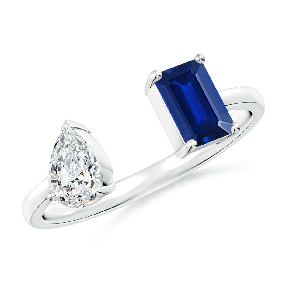 Lab-Grown Two-Stone Emerald-Cut Blue Sapphire & Pear Diamond Open Ring