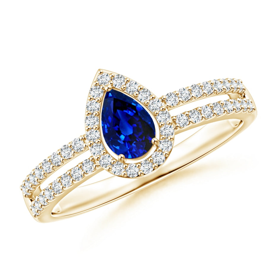 Pear Blue Sapphire and Diamond Halo Split Shank Engagement Ring