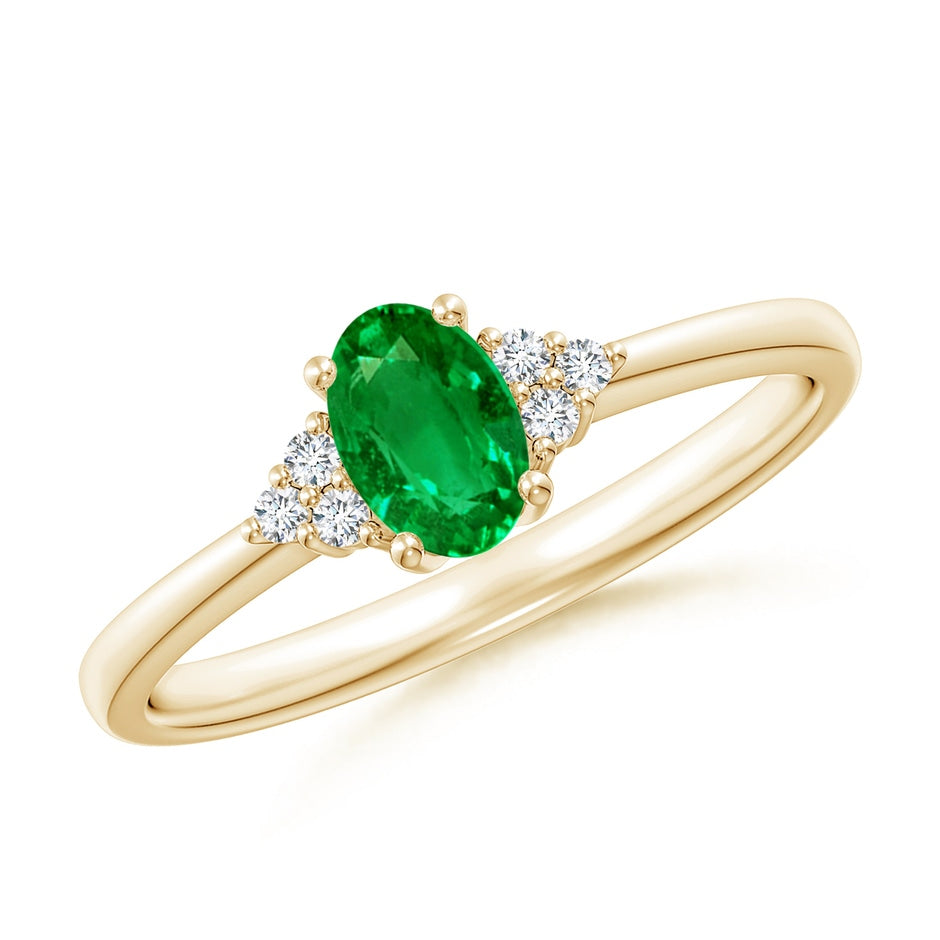 Solitaire Oval Emerald Ring with Trio Diamond Accents