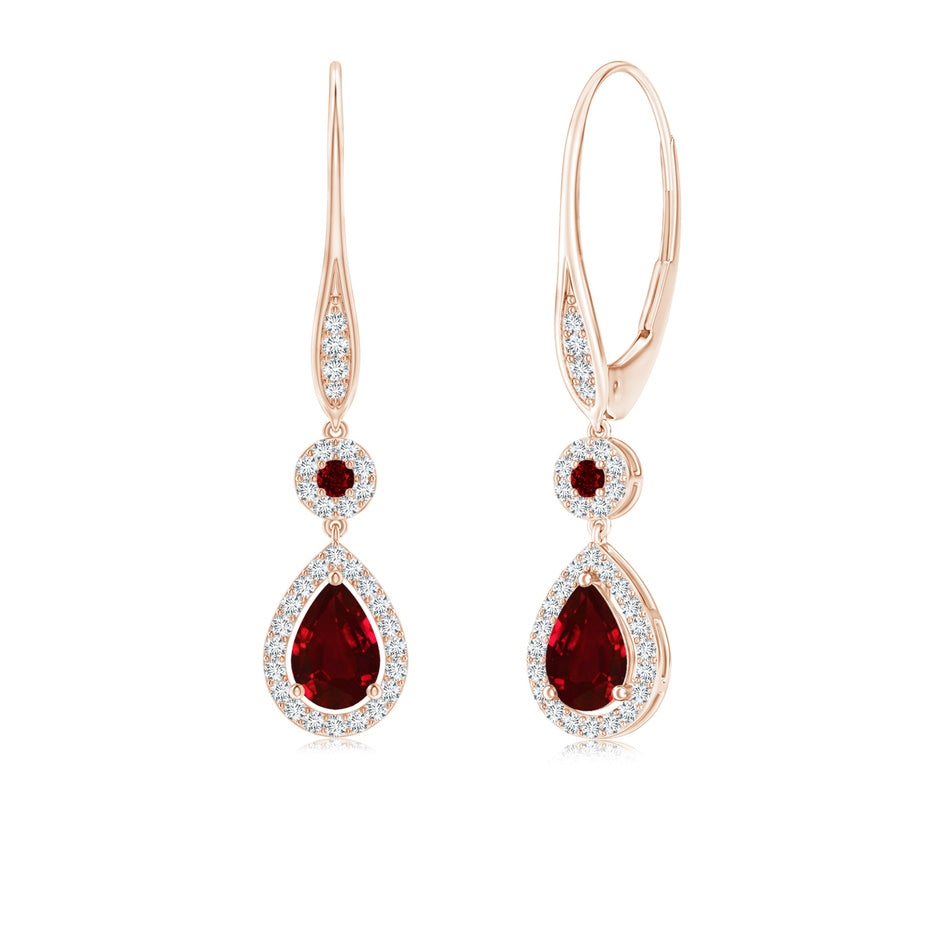 Round and Pear Ruby Halo Leverback Earrings