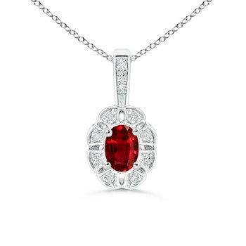 Lab-Grown Oval Ruby Flower Pendant with Diamond Halo