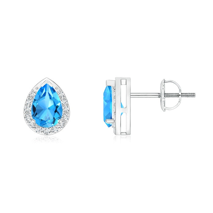 Pear-Shaped Swiss Blue Topaz Stud Earrings with Diamond Halo