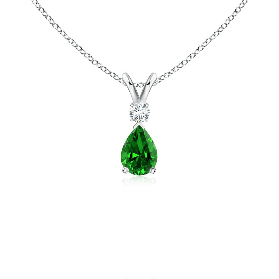 Prong-Set Lab-Grown Emerald Teardrop V-Bale Pendant with Diamond