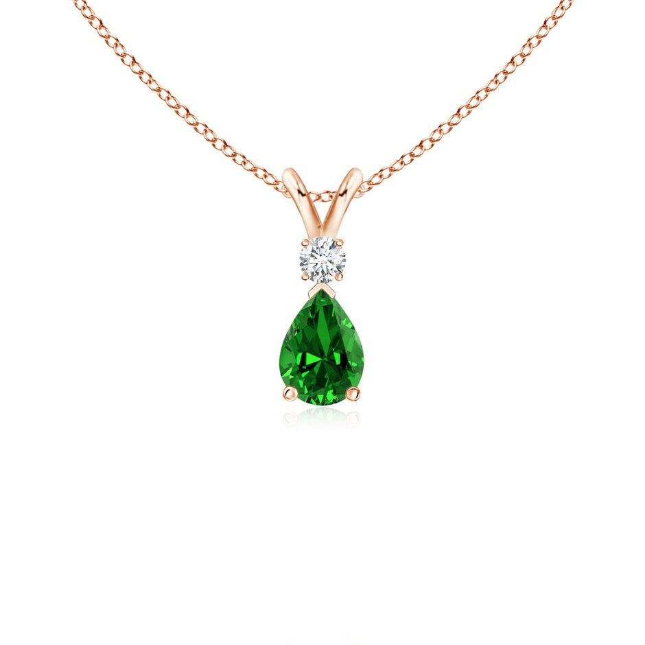 Prong-Set Lab-Grown Emerald Teardrop V-Bale Pendant with Diamond