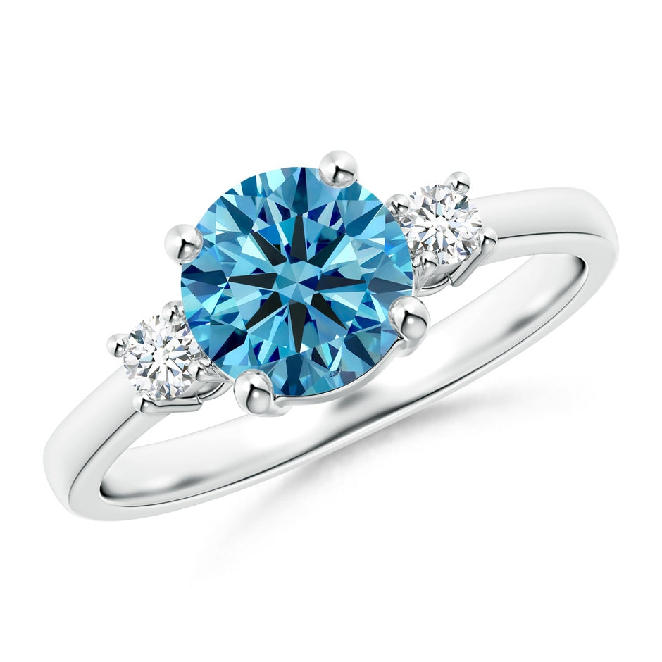 Prong-Set Round 3 Stone Lab-Grown Fancy Intense Blue and White Diamond Ring