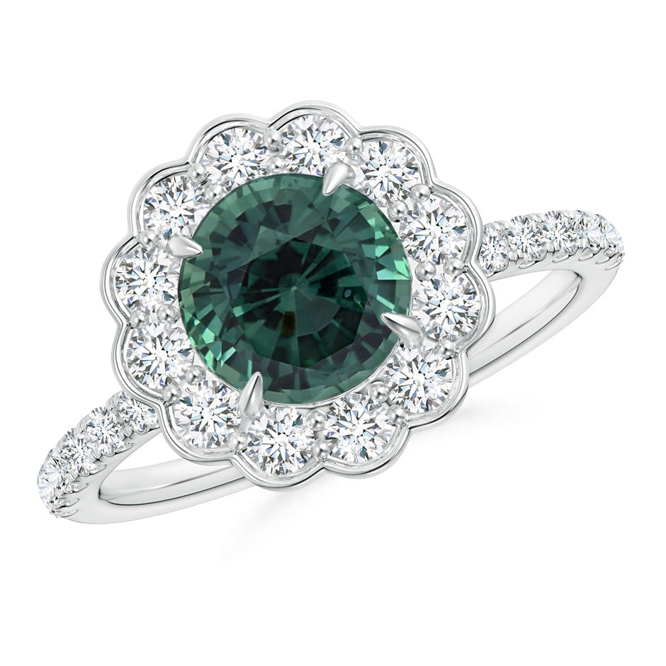 Vintage Style GIA Certified Teal montana sapphire Flower Ring with Diamonds